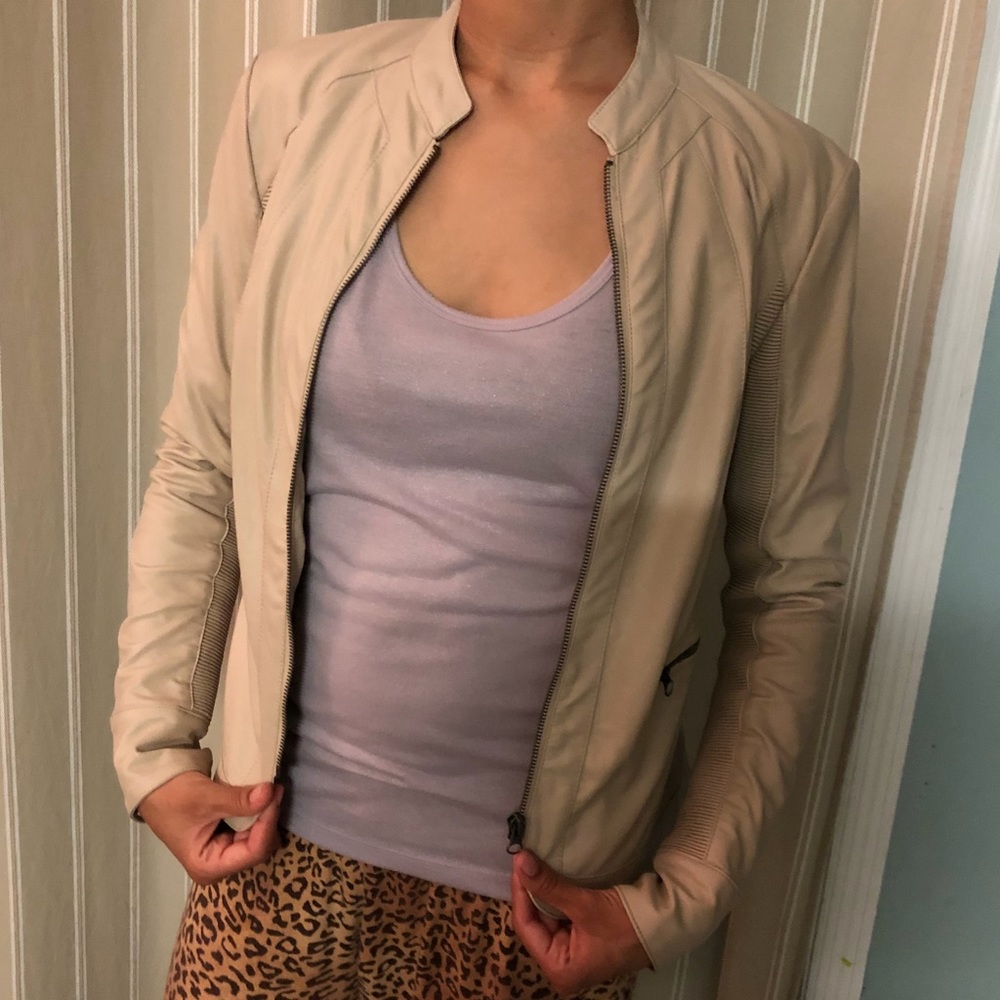 Faux leather moto jacket cream tan - Picture 5 of 7
